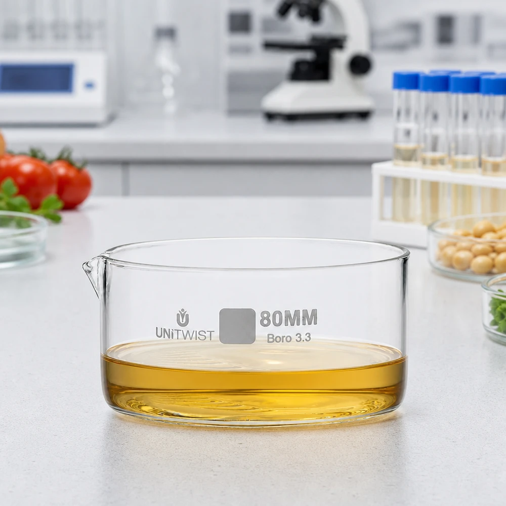 Lebensmittelanalyse Labor Kristallisierschale 80mm Borosilikatglas UNiTWIST gelbe Probe