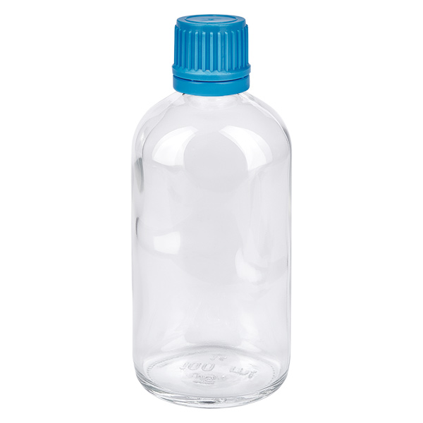 100ml Flasche 11mm Schraubverschluss blau Originalitätsverschluss ClearLine UT18/100 Zylindrische 100ml Klarglasflasche mit blauem Kunststoffdeckel für Pharma und Labor