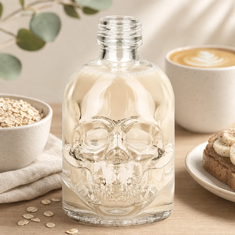 Glasflasche Hector 50ml Totenkopf-Design mit hellem Inhalt auf Frühstückstisch zwischen Haferflocken und Kaffee UNiTWIST