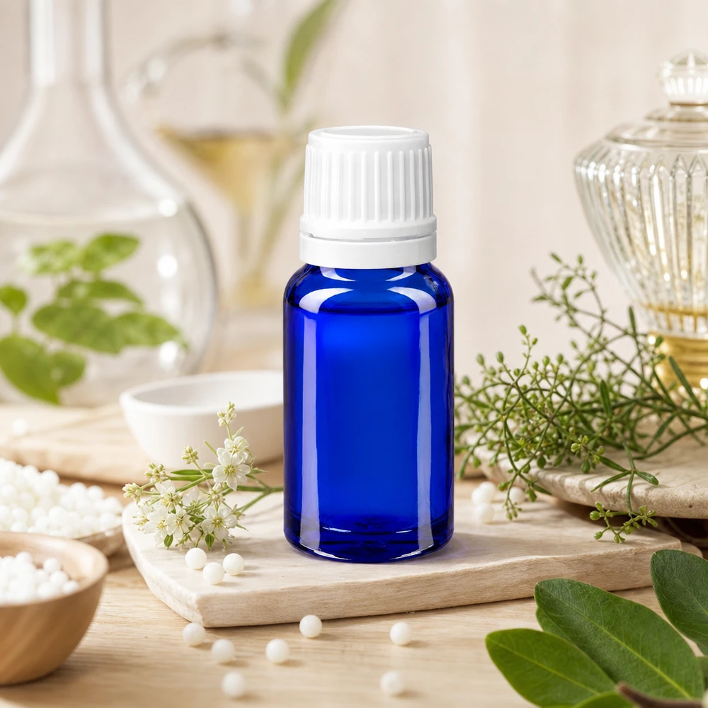 Blaue Miniaturglasflasche 10ml mit weißem Tropfverschluss auf Holzuntergrund mit Wildblumen