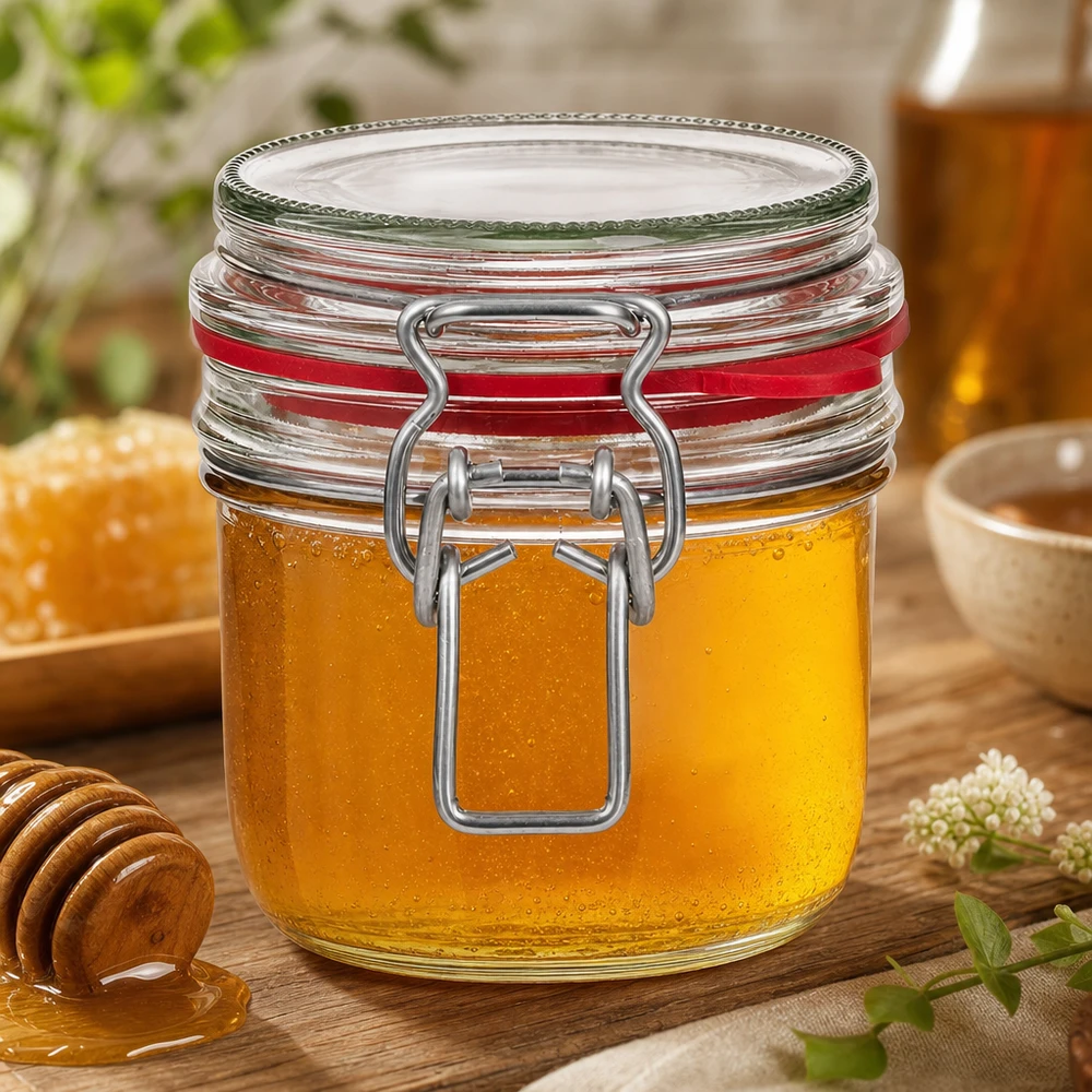 255ml Vorratsglas Typ G mit Bügelverschluss UN.. 255ml Einmachglas mit Bügelverschluss gefüllt mit goldenem Honig neben Honiglöffel auf natürlichem Holztisch