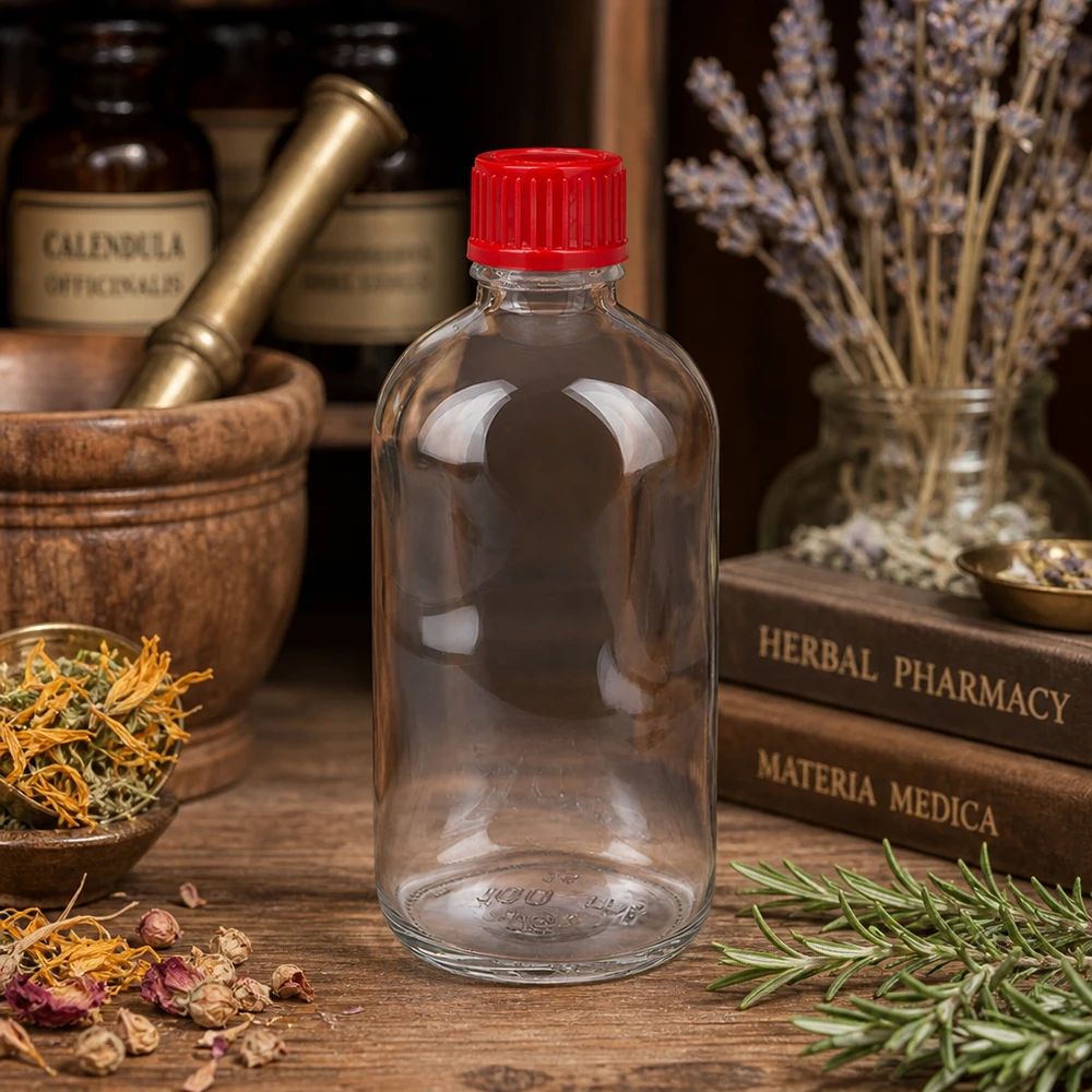 Kleine Apothekerflasche 100ml transparent roter Deckel 11mm SV UT18/100 Kräuter Vintage Setting