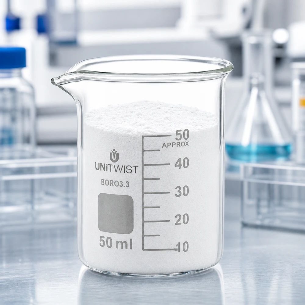 Becherglas 50ml Borosilikat, niedrige Form UNiTWIST UNiTWIST Becherglas 50ml niedrige Form Borosilikat mit Feststofffüllung und Skalierung