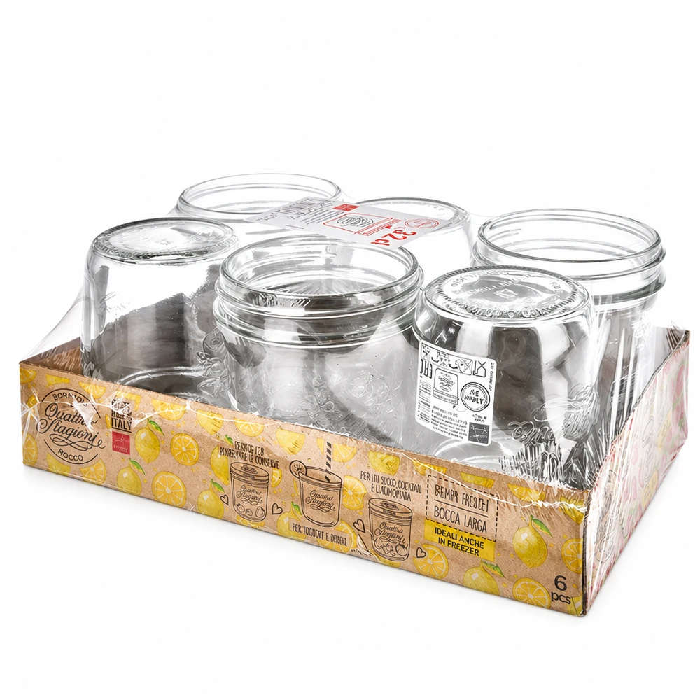 3800ml Rundglas "Quattro Stagioni" mit Deckel Bormioli Rocco Quattro Stagioni Einmachgläser 6er Set in Verkaufsverpackung mit gelber Zitrusfrüchte Grafik