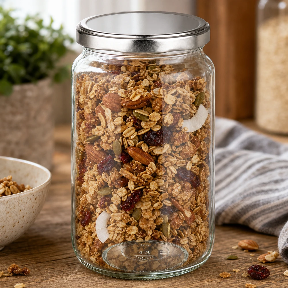 795ml Rundglas befüllt mit Müsli und Nüssen zeigt praktische Verwendung als Vorratsglas für Lebensmittel