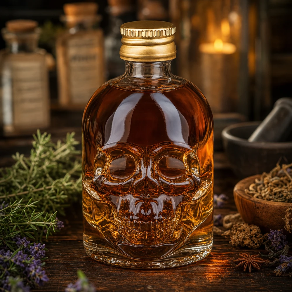Miniatur-Glasflasche Hector 50ml mit 3D-Totenkopf-Relief und verschraubbarem Golddeckel