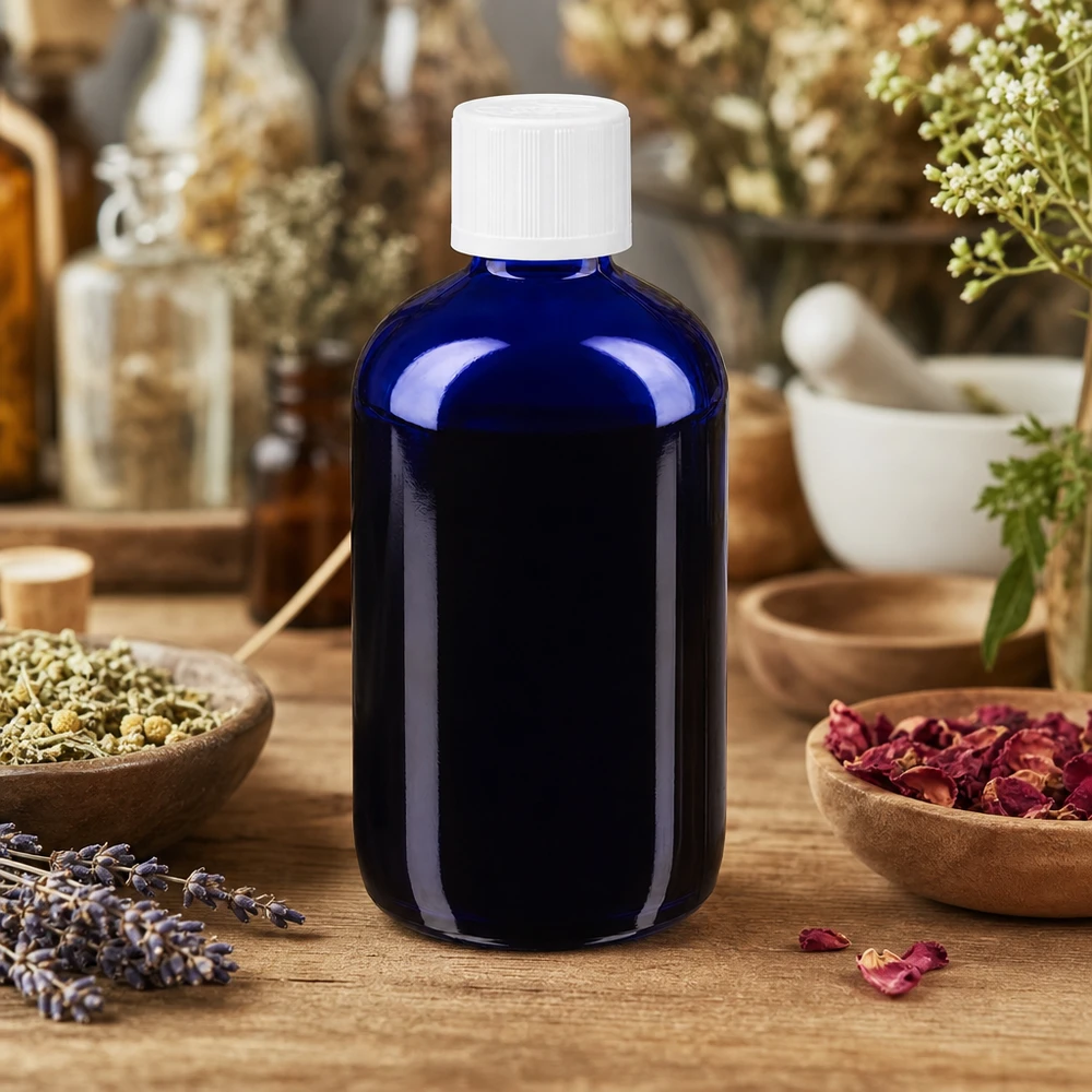 Apothekerflasche kobaltblau 100ml mit weißem Schraubdeckel für Kräuterextrakte und Tinkturen