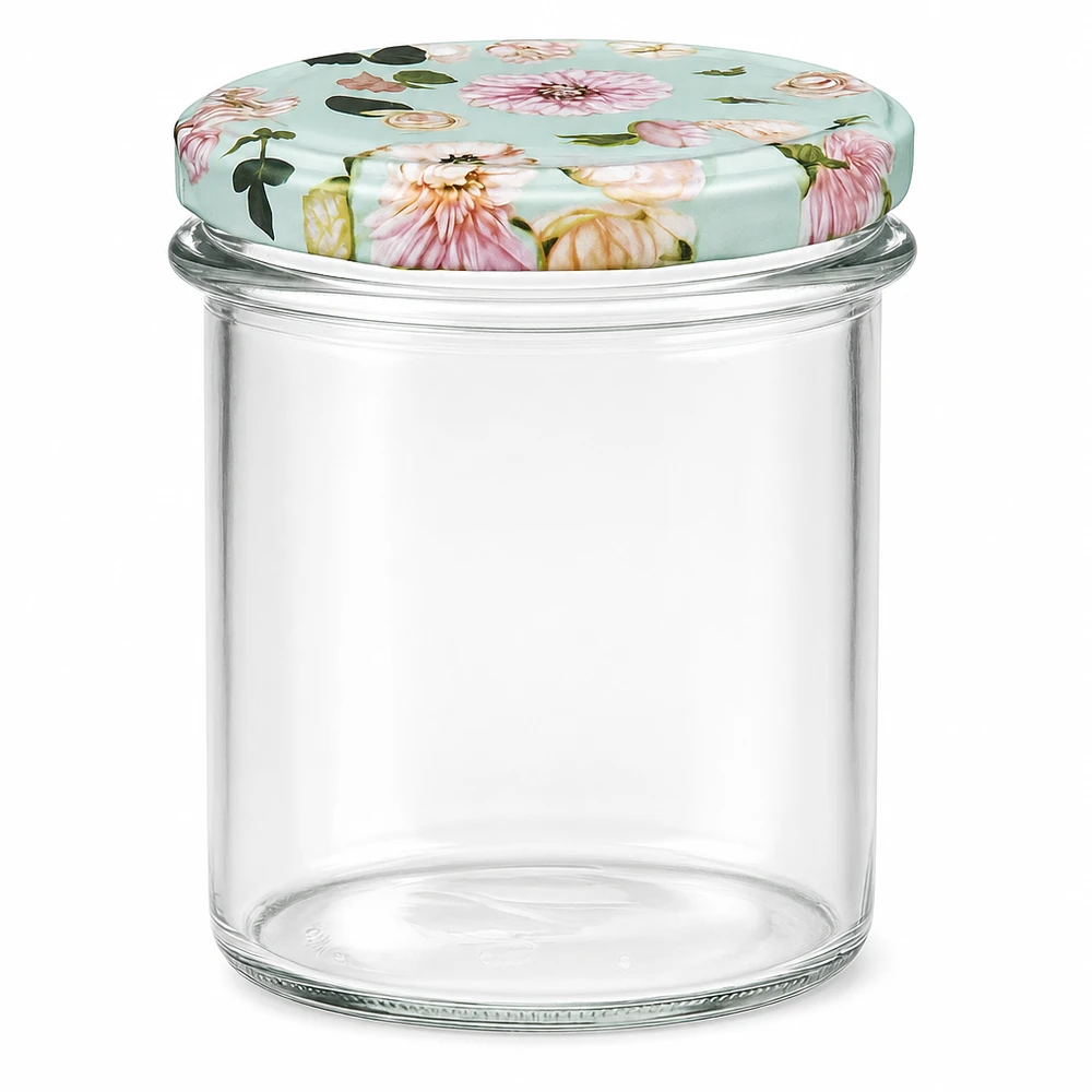 350ml Sturzglas + BasicSeal Deckel Blume mint UNiTWIST 350ml Sturzglas mit BasicSeal Deckel in mint mit rosa Blütenmuster, leeres Einmachglas für Marmelade und Konserven