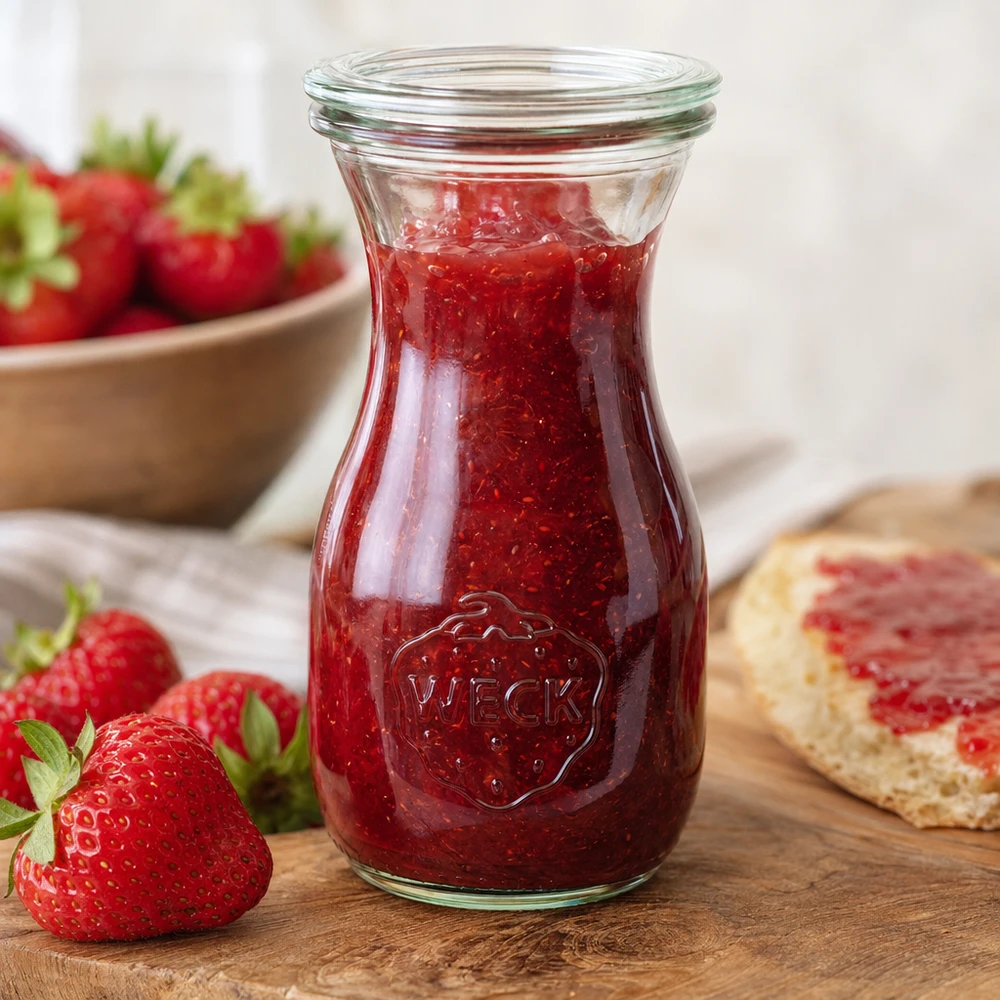290ml Saftflasche mit Glasdeckel WECK RR60 WECK Saftflasche 290ml RR60 mit roter Erdbeermarmelade gefüllt neben frischen Erdbeeren und Brot auf Holzbrett