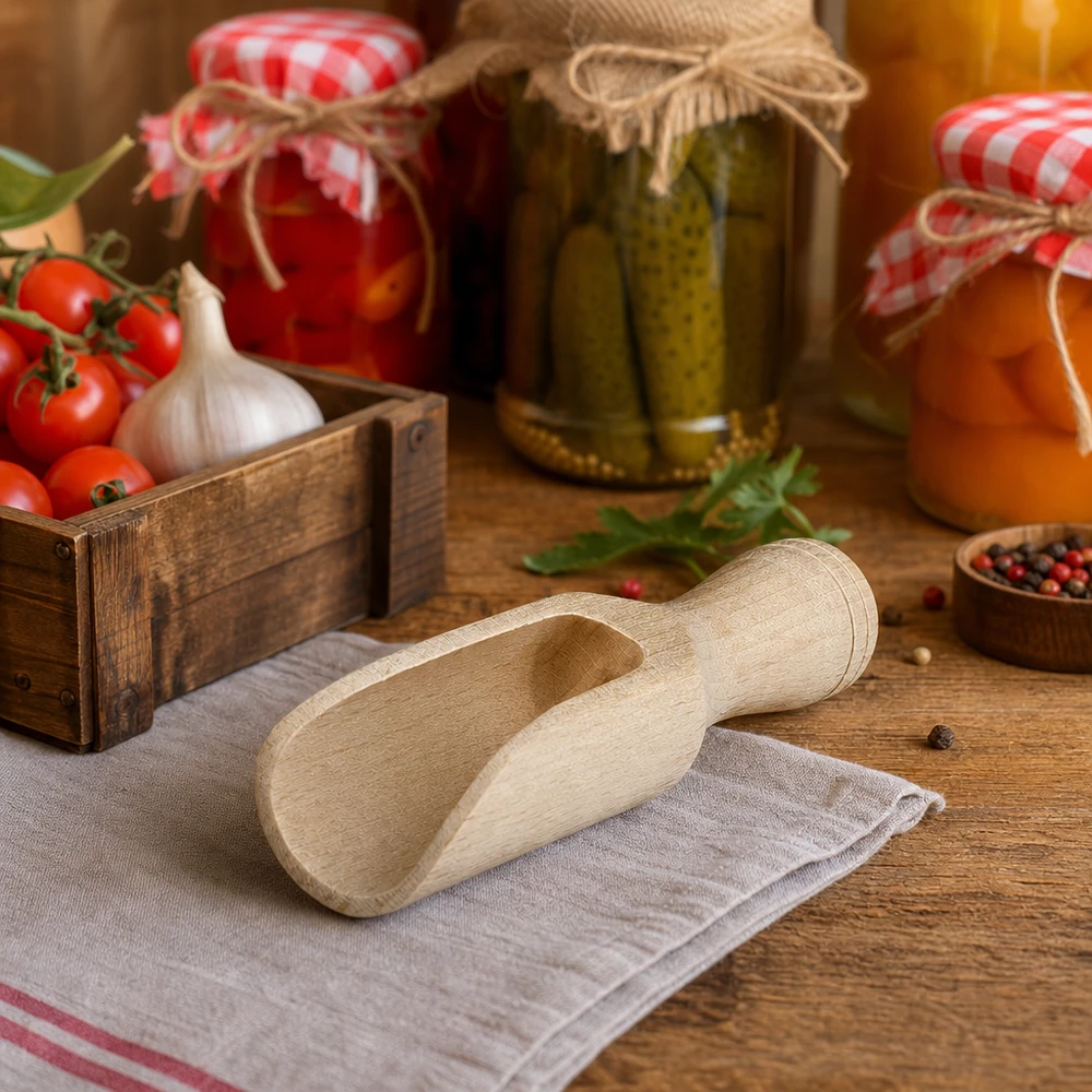 Holzschaufel Grösse S halbrunde Form - 75mm lang Kleine Buchenholz-Schaufel 7,5cm in rustikaler Küche mit eingelegtem Gemüse und frischen Tomaten Lifestyle-Ambiente