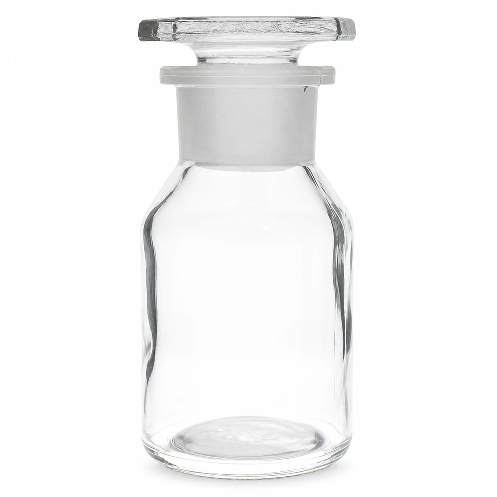 Kompakte Weithals Vorratsflasche 50ml klar mit Glasstopfen ideal für Laborproben