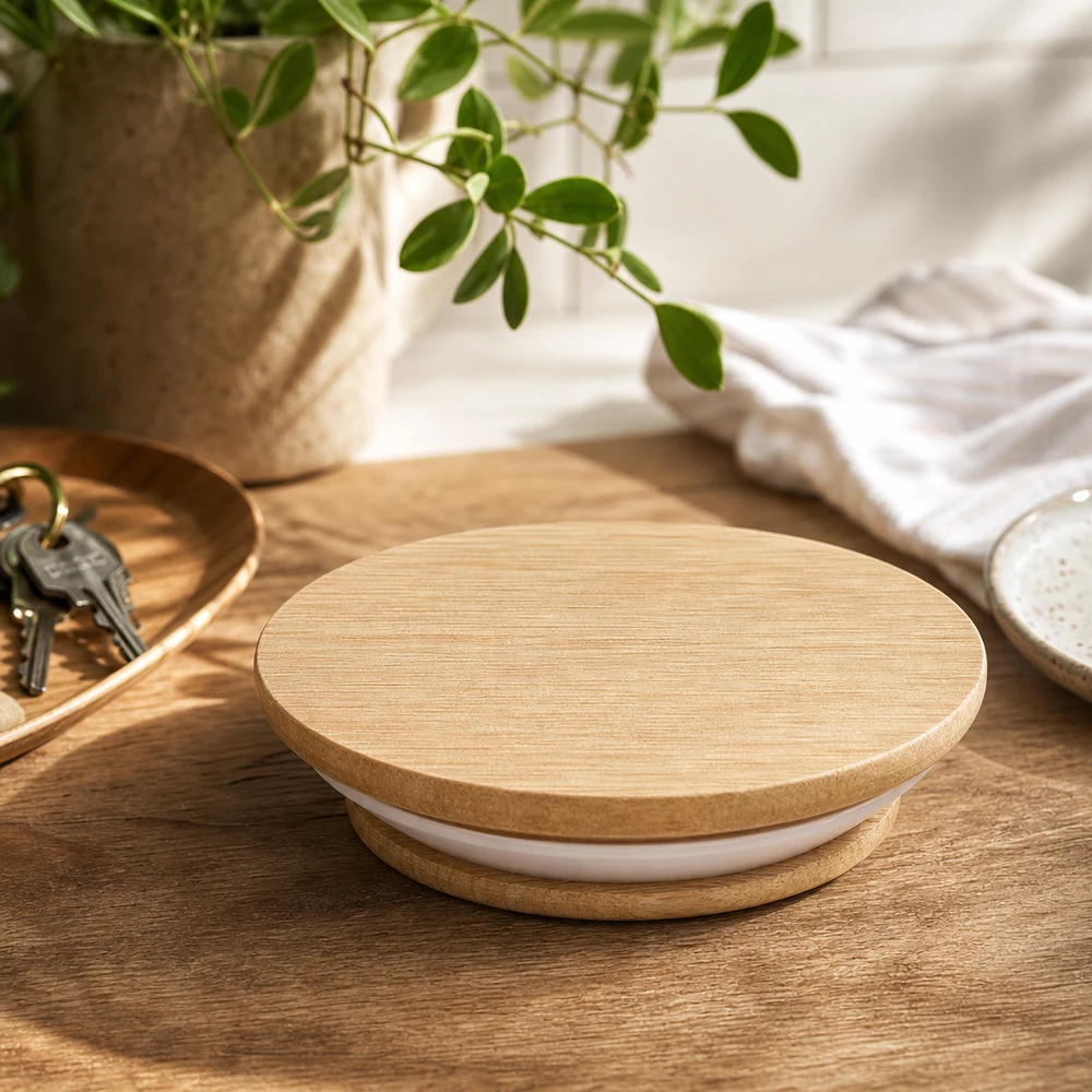 Holzdeckel (Buche) unbedruckt für WECK RR40 Holzdeckel WECK RR40 Eiche auf Holztisch Lifestyle Ambiente mit Pflanze und Deko natürliches Wohnen Küchenzubehör