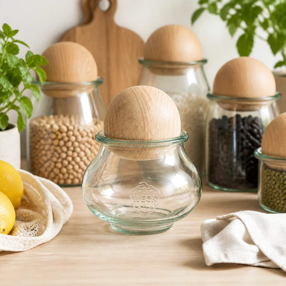 WECK Schmuckglas 560ml RR80 Buchenkugel Küchenorganisation Vorratsdosen Set Zitronen Getreide Hülsenfrüchte