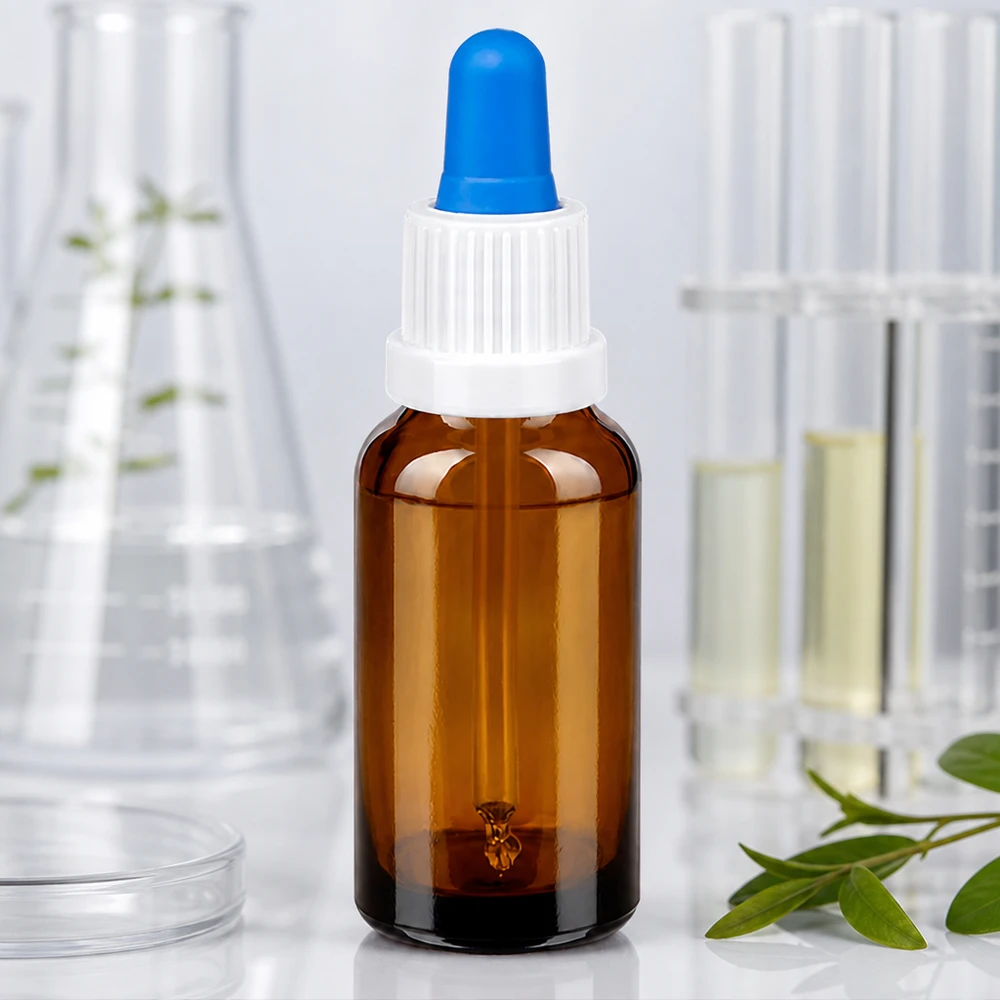 20ml Pipettenflasche weiß/blau Originalitätsverschluss BrownLine UT18/20 Premium Pipettenflasche 20ml in warmer Braunglas-Optik mit hygienischem Kunststoffverschluss
