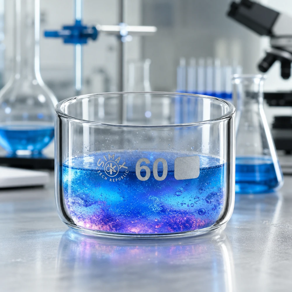 60ml Kristallisierschale ohne Ausguss Borosilikat ø60mm Simax Kristallisierschale 60ml Czech Republic Laborumgebung mit blauen Reagenzgläsern