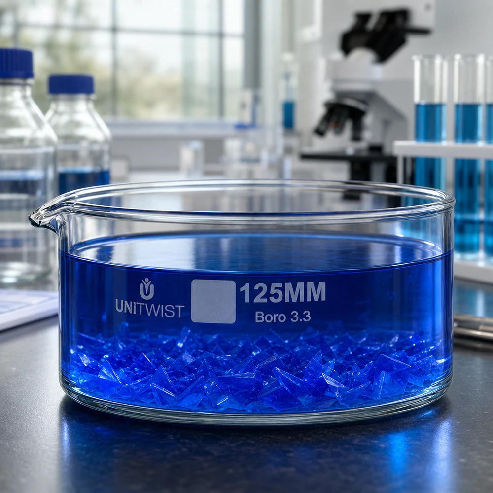 Kristallisierschale ø125mm Borosilikatglas UNiTWIST Borosilikatglas Kristallisierschale 125mm UNiTWIST mit blauen Chemikalienkristallen Laborumgebung