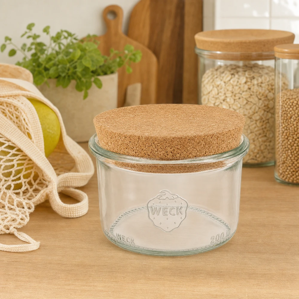 WECK Sturzglas 200ml RR80 mit Korkdeckel in nachhaltiger Zero-Waste Küche zwischen Vorratsgläsern und Jutebeutel