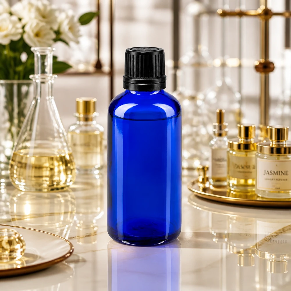 50ml blaues Apothekerglas mit 8mm Verschluss auf Marmor neben Erlenmeyer und Parfumflakons