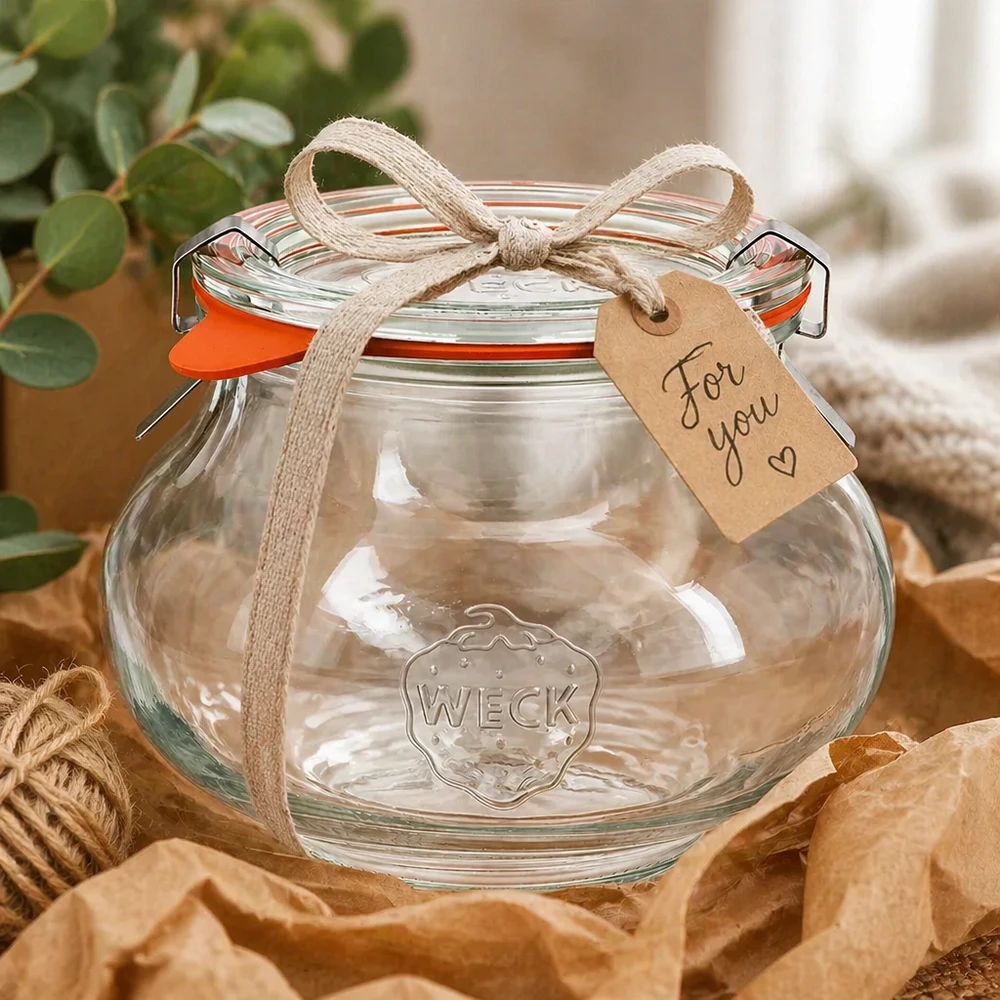 560ml Schmuckglas komplett WECK RR80 WECK Schmuckglas 560ml dekorativ verpackt mit Schleifenband und Geschenkanhänger, als Geschenkidee präsentiert