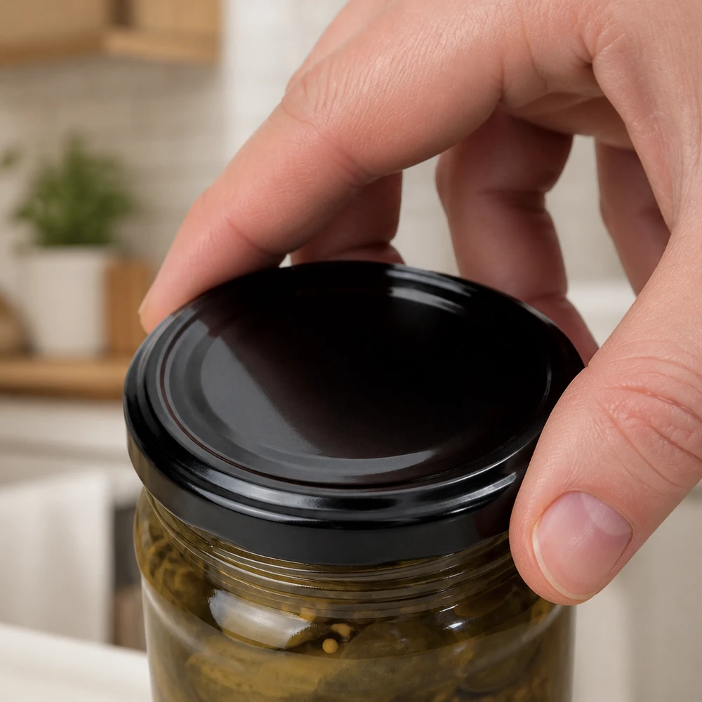 43mm BasicSeal TO43 Deckel in Schwarz verschließt Einweckglas mit Gemüsekonserve