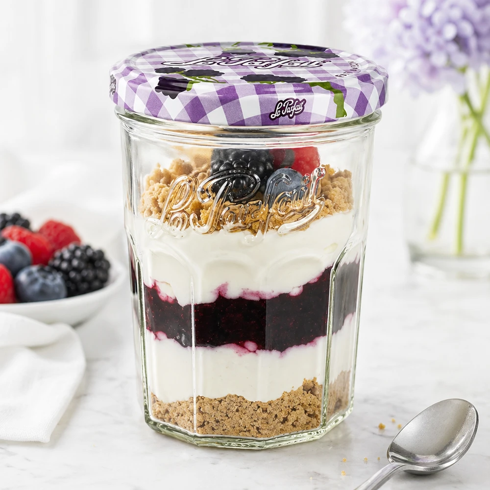 385ml Sturzglas "Jam" mit Schraubdeckel Le Parfait® Le Parfait Sturzglas 385ml mit Beerenschichtdessert befüllt zeigt vielseitige Verwendung als Dessertglas