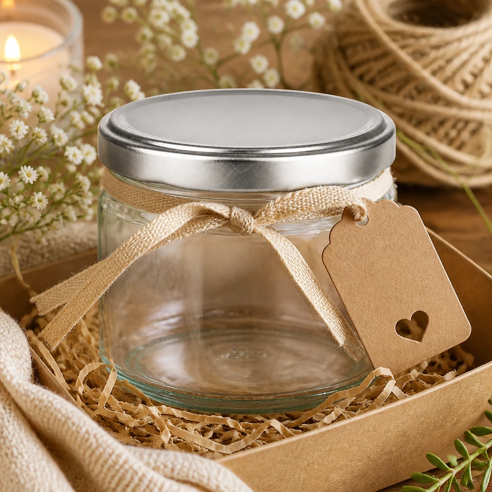330ml Rundglas mit BasicSeal Deckel silber UNiTWIST 330ml Rundglas mit silbernem BasicSeal Deckel als Geschenk dekoriert mit Schleife und Anhänger in Geschenkbox