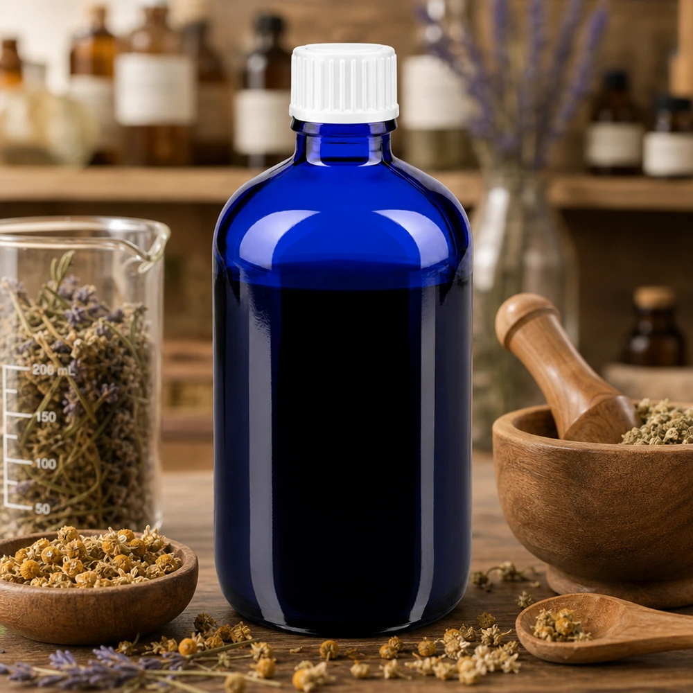 Apothekenflasche blau 100ml Schraubverschluss weiß Globuli Standard Blaue Pharmaflasche 100ml aus Apothekerglas mit weißem Verschluss und Kamillenblüten