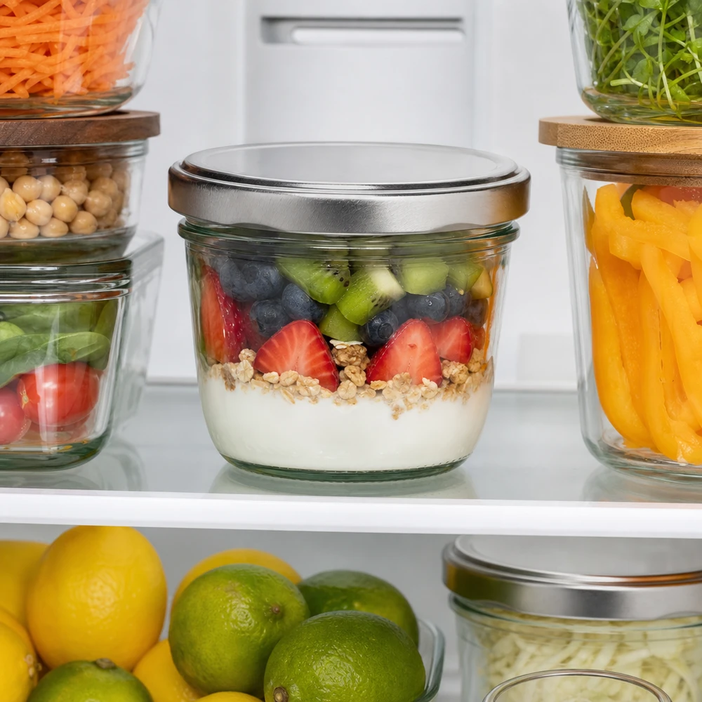 230ml Sturzglas mit BasicSeal Deckel silber UNiTWIST 230ml Sturzglas mit silber BasicSeal Deckel im Kühlschrank mit Meal Prep Vorratshaltung organisiert praktisch