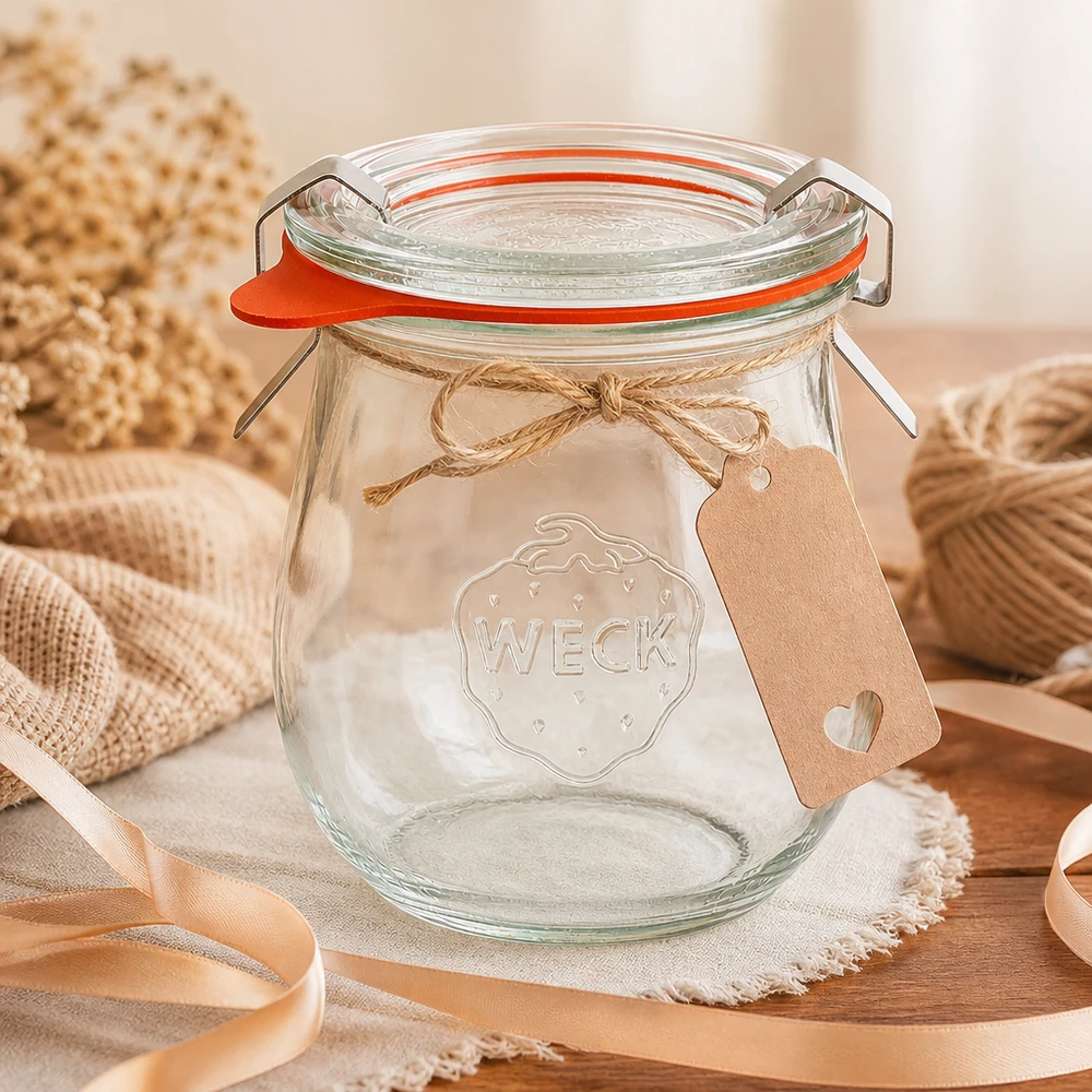 220ml Tulpenglas komplett WECK RR60 WECK Tulpenglas 220ml RR60 mit Geschenkanhänger und Jute-Schleife dekorativ arrangiert auf Leinenserviette