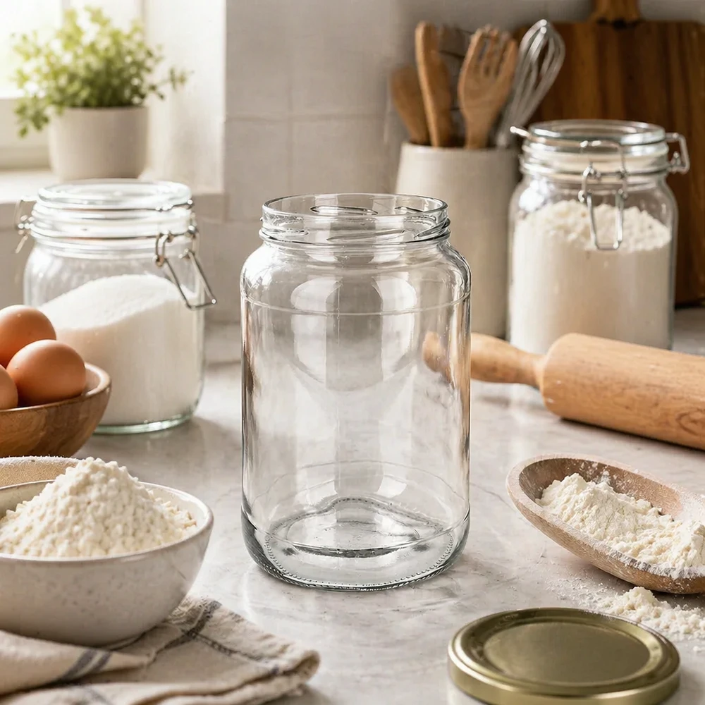 1700ml Rundglas ohne Deckel (TO100) UNiTWIST UNiTWIST Runda1700 Sturzglas 1700ml TO100 in moderner Küche zum Backen mit Mehl Eiern Nudelholz Küchenutensilien