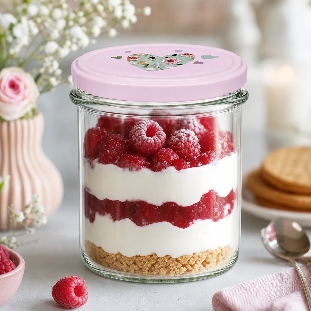 350ml Sturzglas rosa Herzdeckel Dessert Tiramisu Himbeer-Schichtdessert Küche Vorratsglas süße Nachspeise servieren