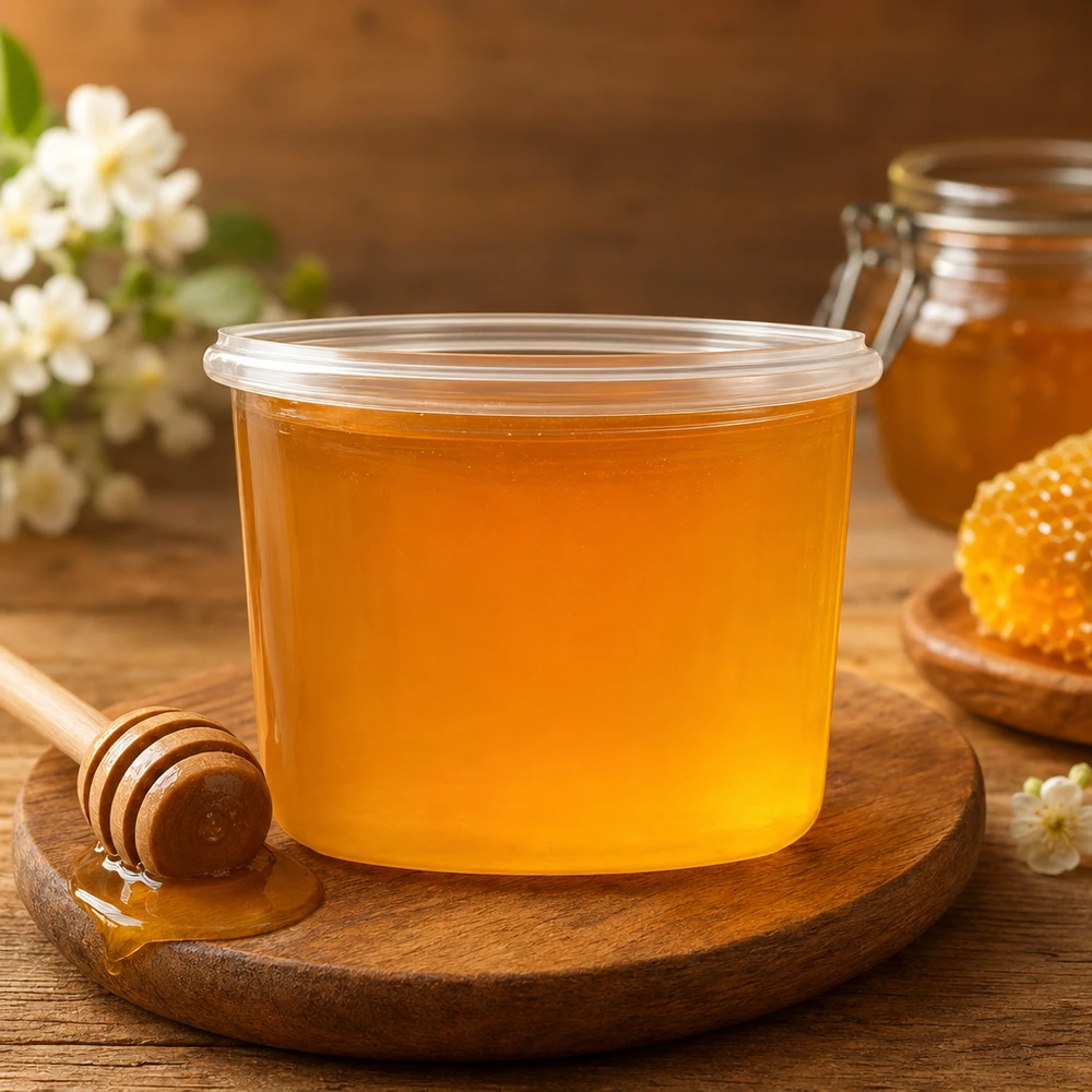 35ml Sturzglas WECK RR40 WECK Sturzglas 35ml RR40 mit Honig gefüllt auf Holzbrett mit Honiglöffel und Bienenwabe