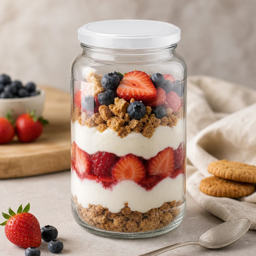 1700ml Rundglas mit BasicSeal Deckel weiß UNiTWIST 1700ml Rundglas mit BasicSeal Deckel als Dessertglas für Beeren-Trifle mit Joghurt und Kekskrümeln gefüllt