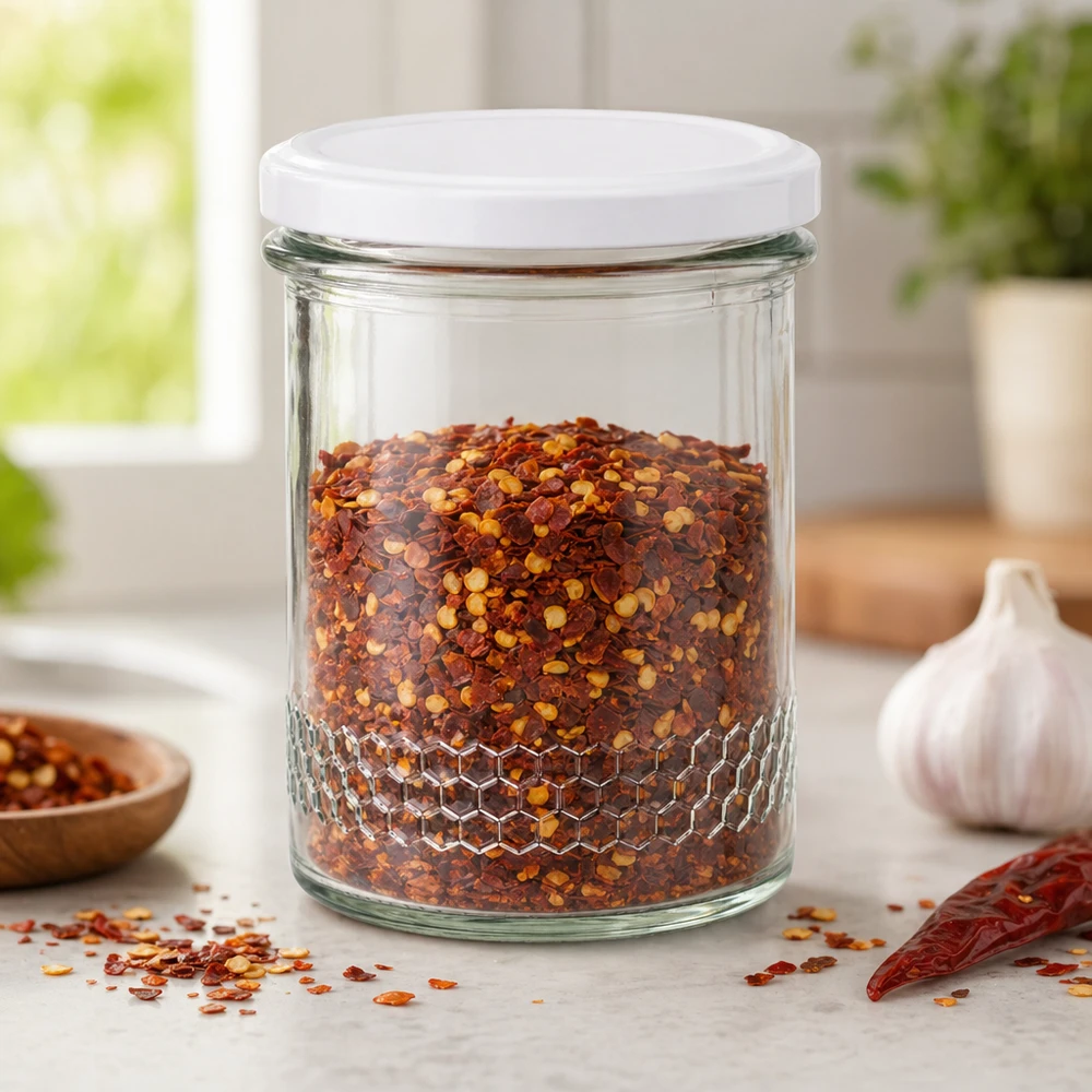 400ml Honigglas mit weißem Deckel als Gewürzglas für Chiliflocken Küchenaufbewahrung Wabenmuster am Glasboden