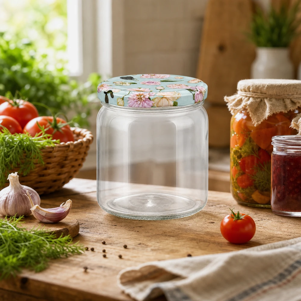 408ml Rundglas leer mit BasicSeal Deckel Blume mint in rustikaler Küche neben Tomaten und Einmachgläsern