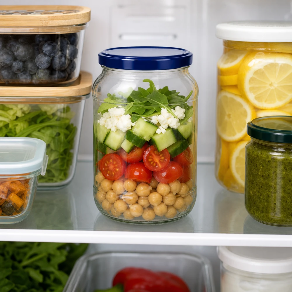 1062ml Rundglas + BasicSeal Deckel blau UNiTWIST 1062ml Rundglas UNiTWIST blauer Deckel Schichtsalat Kichererbsen Tomaten Gurken Feta Kühlschrank Meal Prep Glas