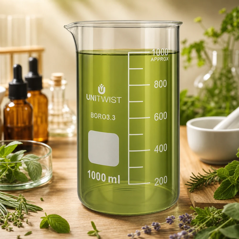 Becherglas 1000ml Borosilikat, hohe Form UNiTWIST UNITWIST Borosilikat Becherglas 1000ml hohe Form mit Kräuteranwendung und Tropfflaschen im Hintergrund