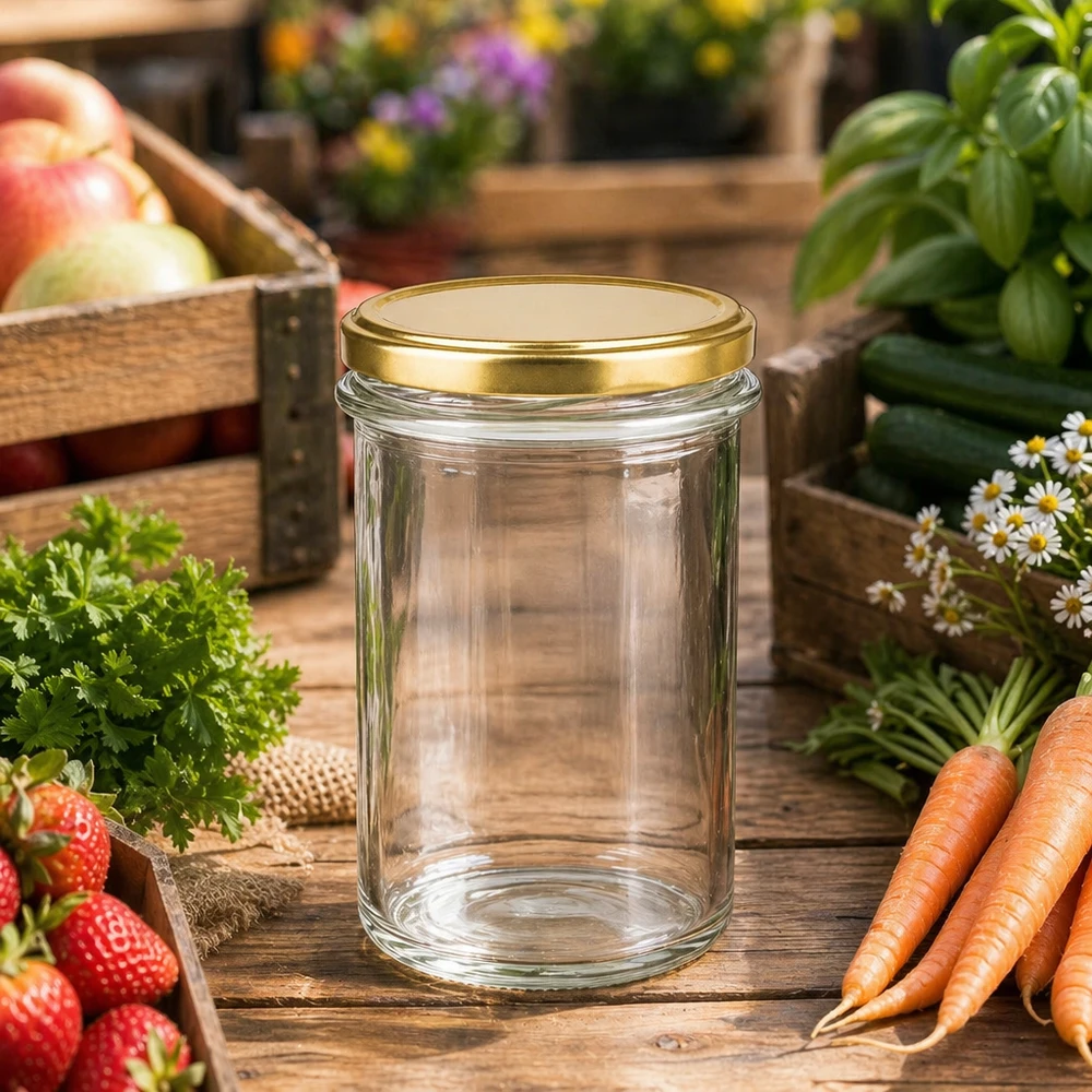230ml Sturzglas mit BasicSeal Deckel gold UNiTWIST 230ml Sturzglas mit BasicSeal Deckel gold UNiTWIST im Garten zwischen frischem Gemüse Kräutern und Obst