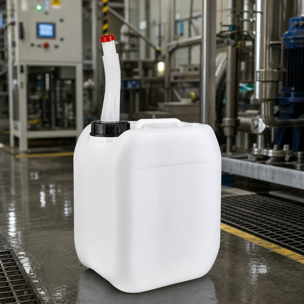 Kanister 5 Liter mit Auslaufrohr Flex Robuster Flüssigkeitskanister 5 Liter mit Flex-Ausgießer vor industriellen Edelstahlanlagen
