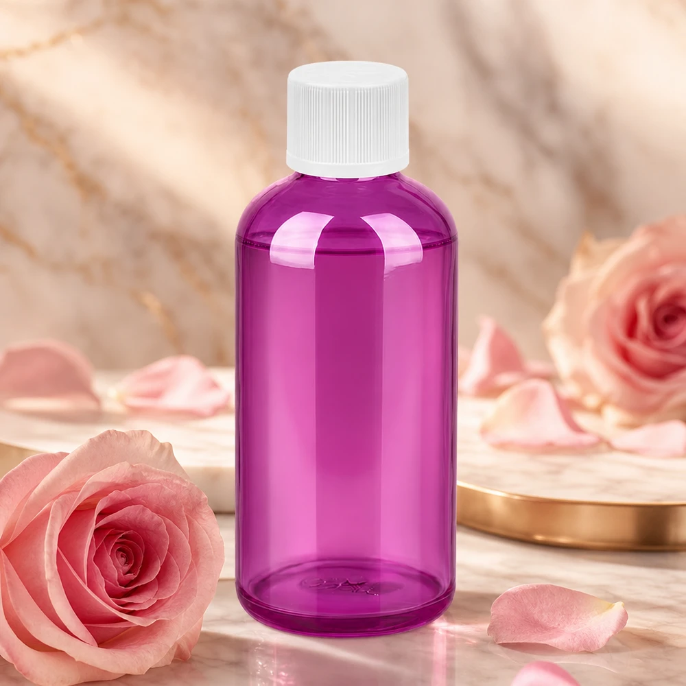 Ergonomische 100ml Flasche in lila transparent mit kindersicherem Verschluss für den Hausgebrauch