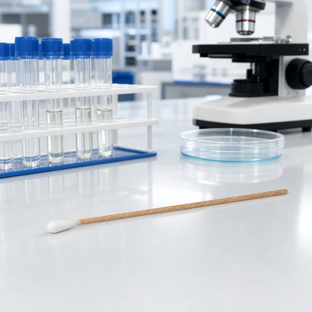 Wattestäbchen UNSTERIL Wattestäbchen unsteril für medizinische Probenentnahme auf Labortisch mit Glasgefäßen