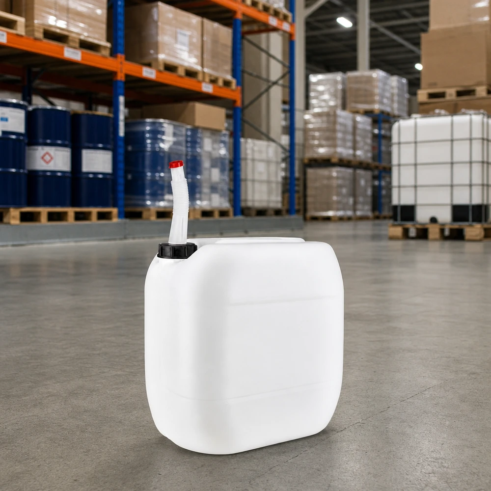 Kanister 30 Liter mit Auslaufrohr Flex Stapelbarer Flachkanister 30L mit schwarzem Drehverschluss und biegsamem Ausgussrohr frontal