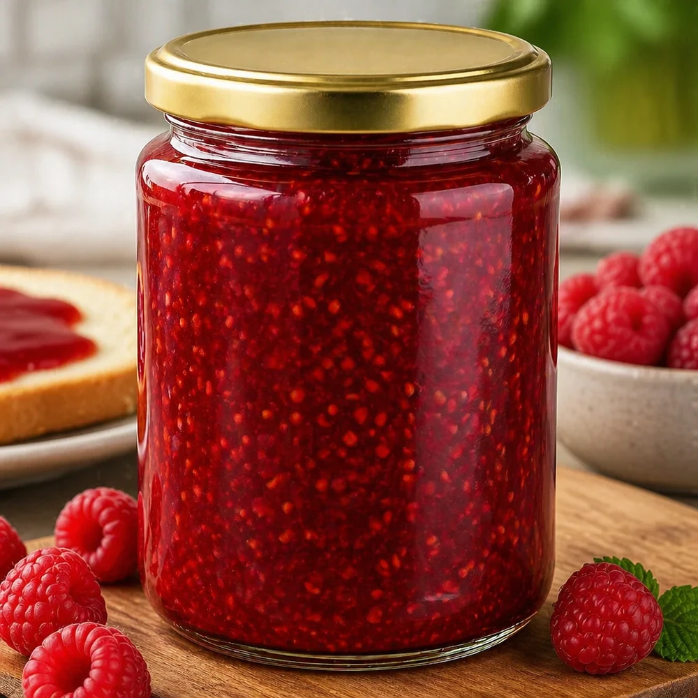 450g Honigglas mit goldenem Deckel BasicSeal UNiTWIST 450g BasicSeal Honigglas mit goldenem Deckel gefüllt mit Himbeermarmelade umgeben von frischen Himbeeren