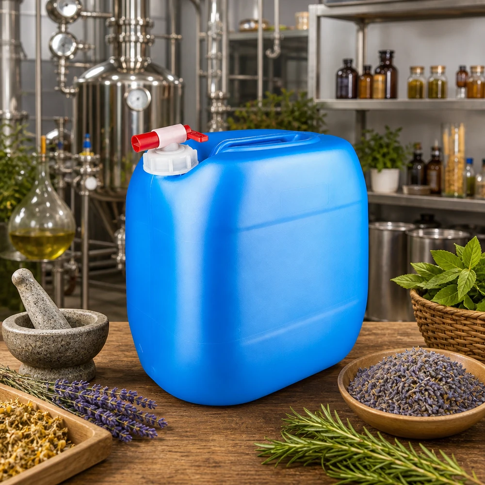 Kanister 30 Liter blau mit Auslaufhahn Lebensmittelechter 30 Liter Kanister blau mit Ablasshahn auf Holztisch in professioneller Kräuterküche