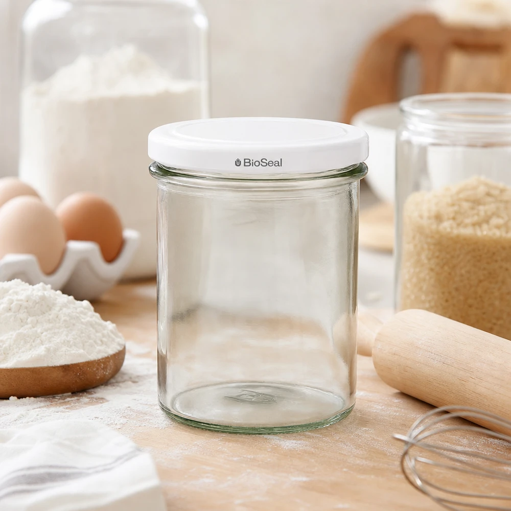 350ml Sturzglas mit BioSeal Deckel weiß UNiTWIST UNiTWIST Sturz350 leeres Glas in Backszene mit Mehl Eiern und Küchenutensilien zeigt vielseitige Verwendung TO82 BioSeal