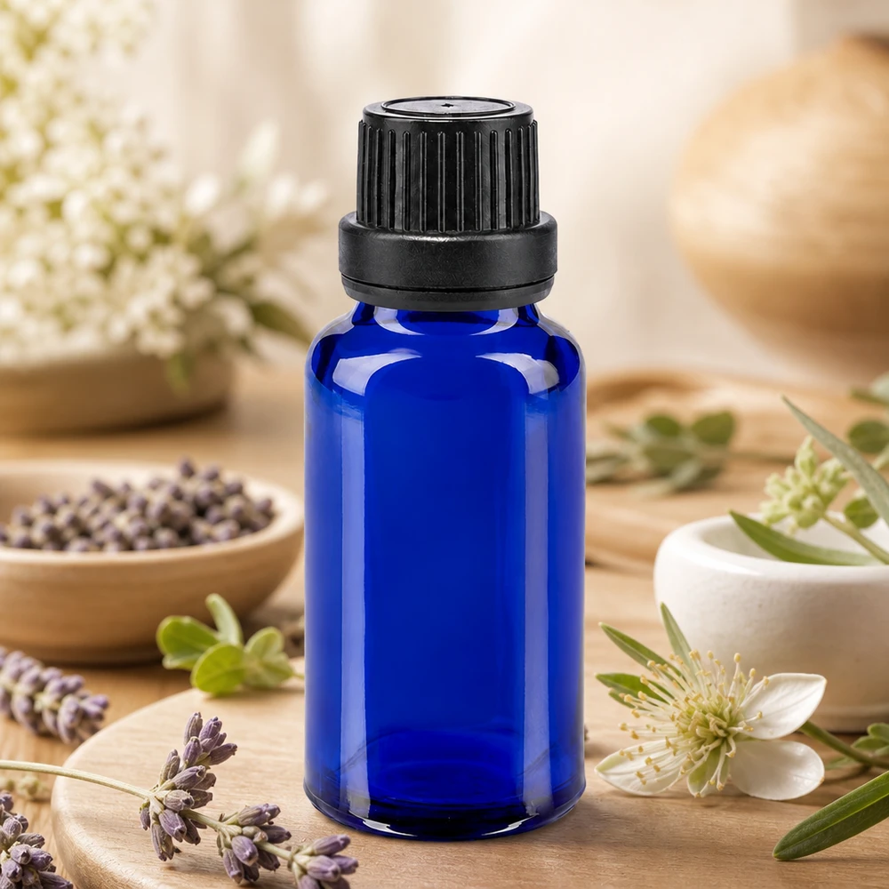 Apothekenflasche blau 20ml Schraubverschluss schwarz Dichteinlage Originalitätsverschluss Nachfüllbare blaue Glasflasche 20ml für ätherische Öle mit manipulationssicherem Verschluss