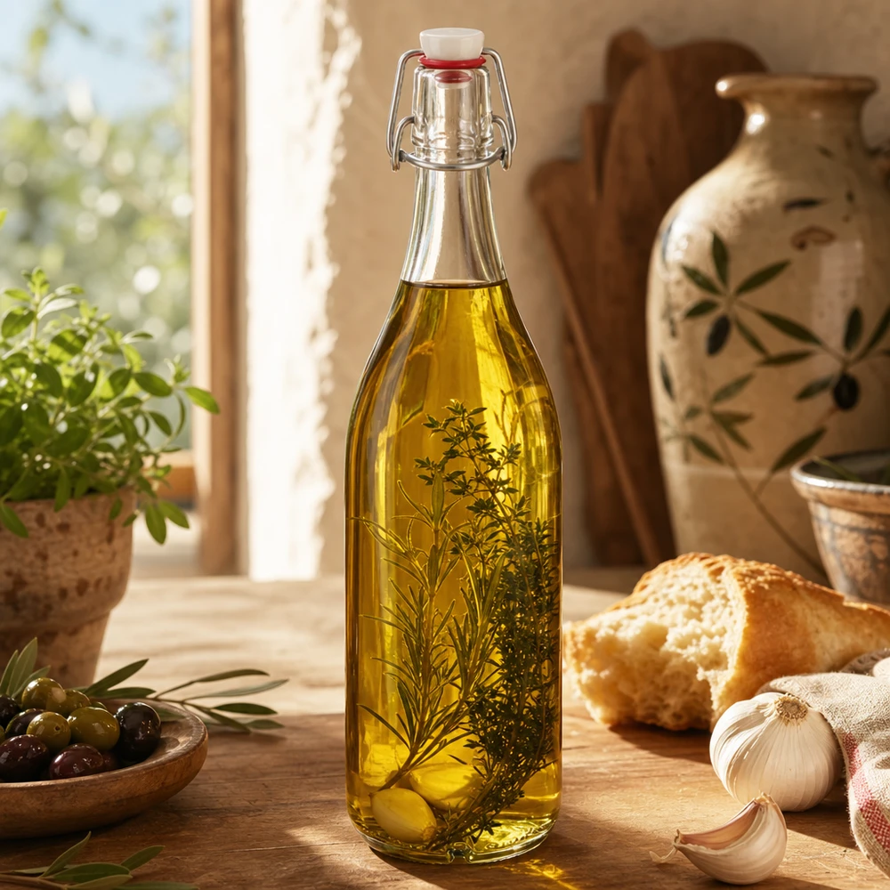 1000ml Glasflasche und Bügelverschluss Porzellan UNiTWIST Glasflasche 1000ml mit Kräuteröl befüllt zeigt vielseitige Verwendung für Küche und Aufbewahrung