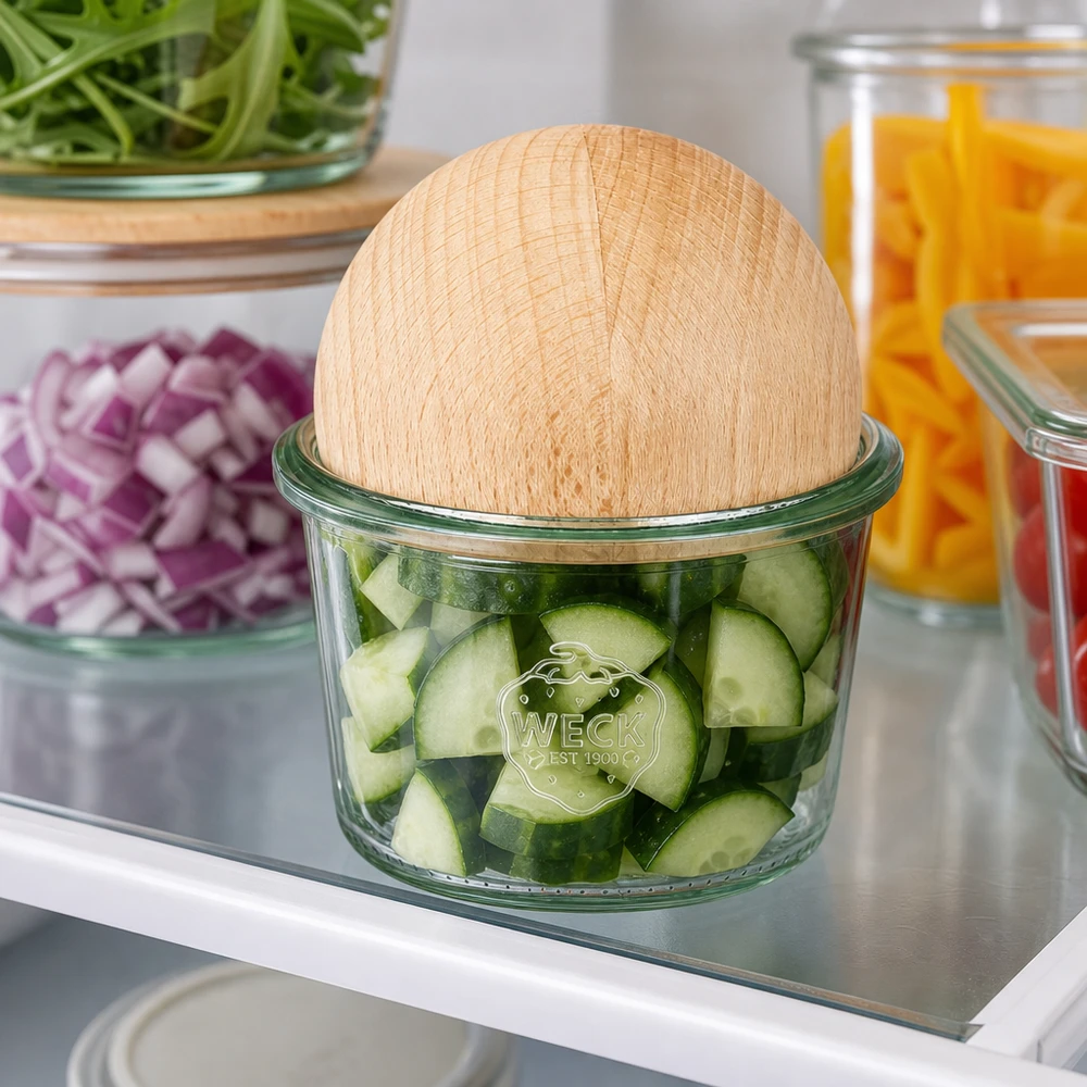 WECK Sturzglas 80ml RR60 mit Buchenholzkugel-Deckel im Kühlschrank mit geschnittenen Gurken zur Frischhaltung