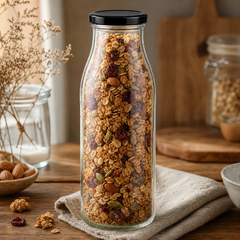 500ml Glasflasche + BasicSeal Deckel schwarz UNiTWIST 500ml Glasflasche mit schwarzem Deckel gefüllt mit Müsli und Nüssen auf Holztisch rustikale Küchendeko