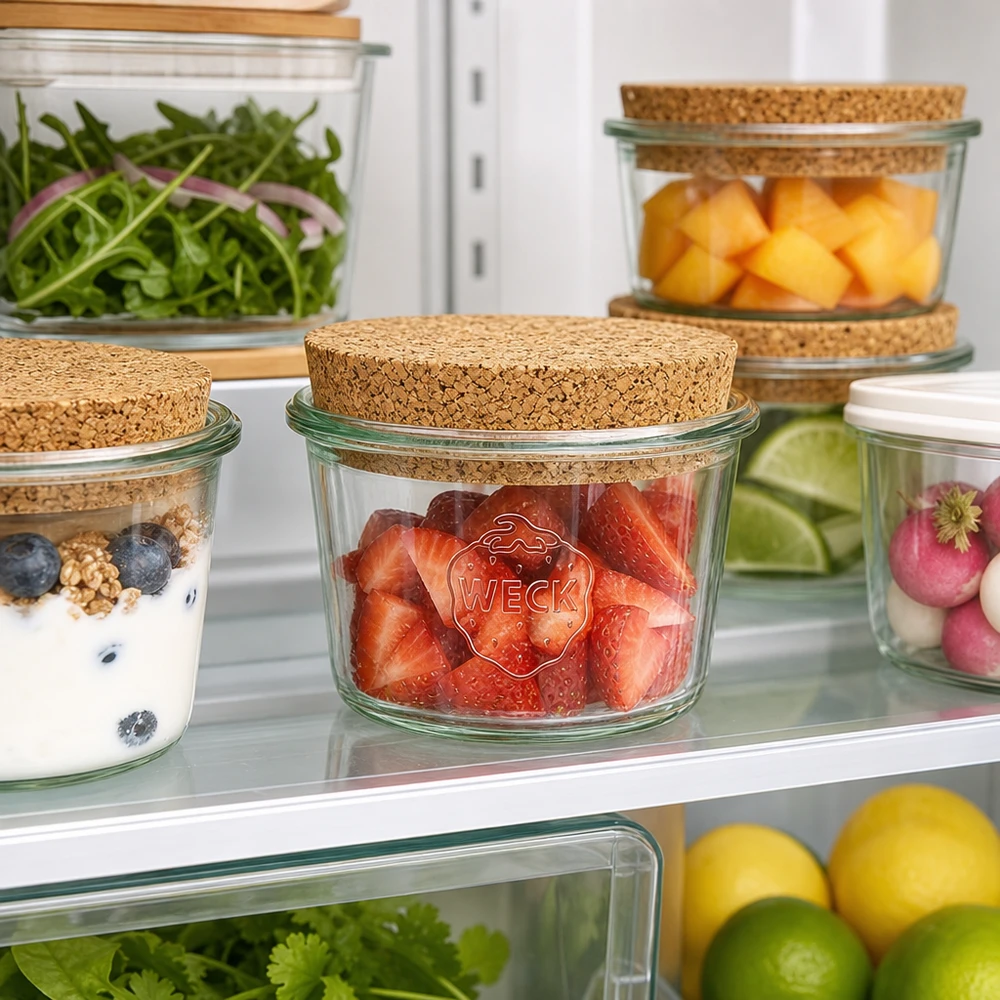 35ml Sturzglas WECK RR40 mit Korken natur WECK Sturzglas RR40 35ml mit Korken zur Lebensmittel Aufbewahrung im Kühlschrank neben Obst und Gemüse